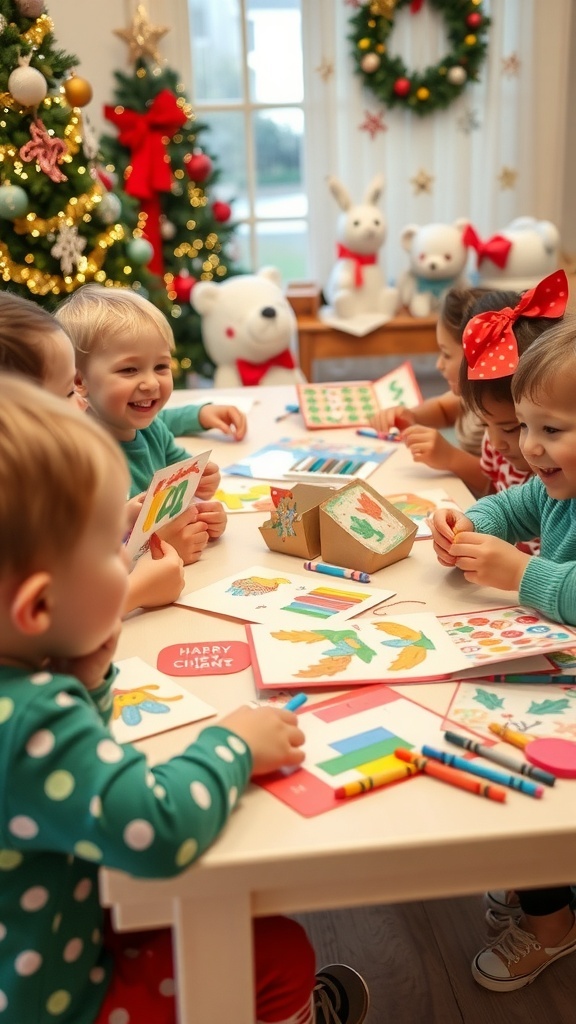 Toddlers making Christmas cards with colorful supplies on a festive table.